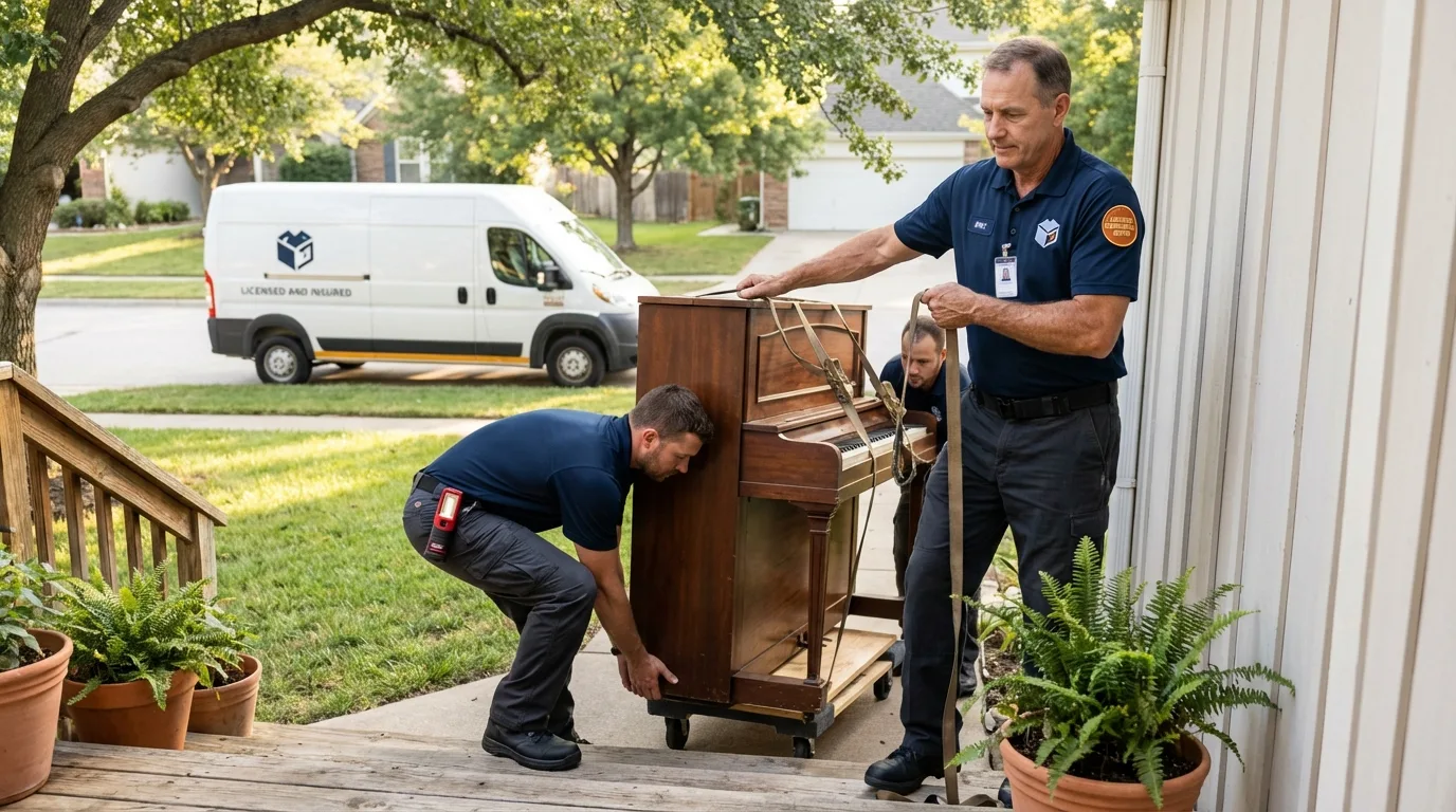 Licensed piano movers securing grand piano in Perham, MN