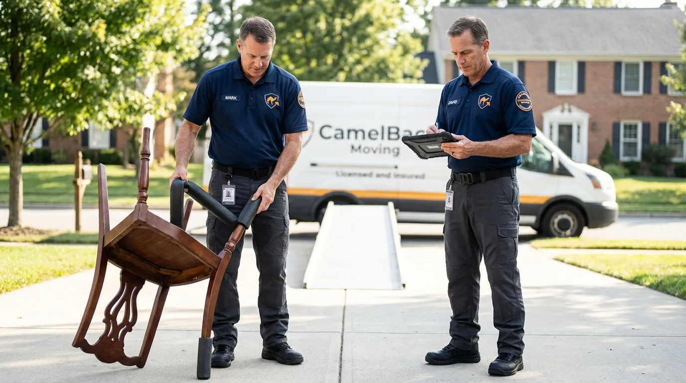Movers inspecting furniture for damage prevention before loading in Perham, MN